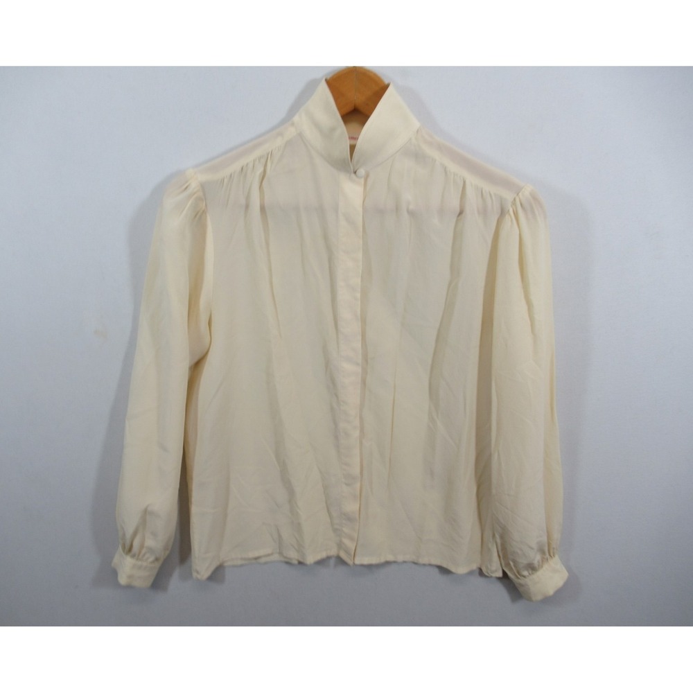 Vintage 80s Silk Chiffon High Neck Blouse Women 8 Ivory Long Puff Sleeve